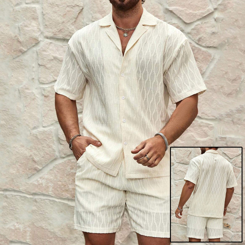 Men’s Summer Tracksuit Set | Casual Loose Fit Lapel Button Shirt & Shorts | Milky White 2-Piece Co-Ord | Lightweight Cotton Blend | Beach Holiday Outfit for Men | Trendy All-Match Summer Wear - Apparel & Accessories > Clothing > Outfit Sets