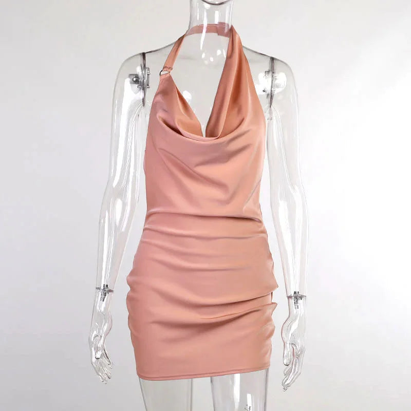 Luxe Satin | Satin Party Dress | Adjustable Halter Tie | Soft Satin With Side Ruching | Flattering Fit For Parties - Apparel & Accessories > Clothing > Dresses