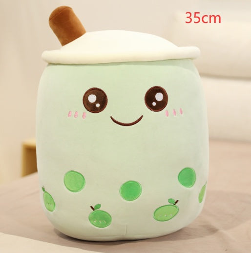 KawaiiTea | Plush Toy | Soft Fabric | Embroidered Face | Strawberry Pink Bubble Tea | Cuddle Tea Pillow -