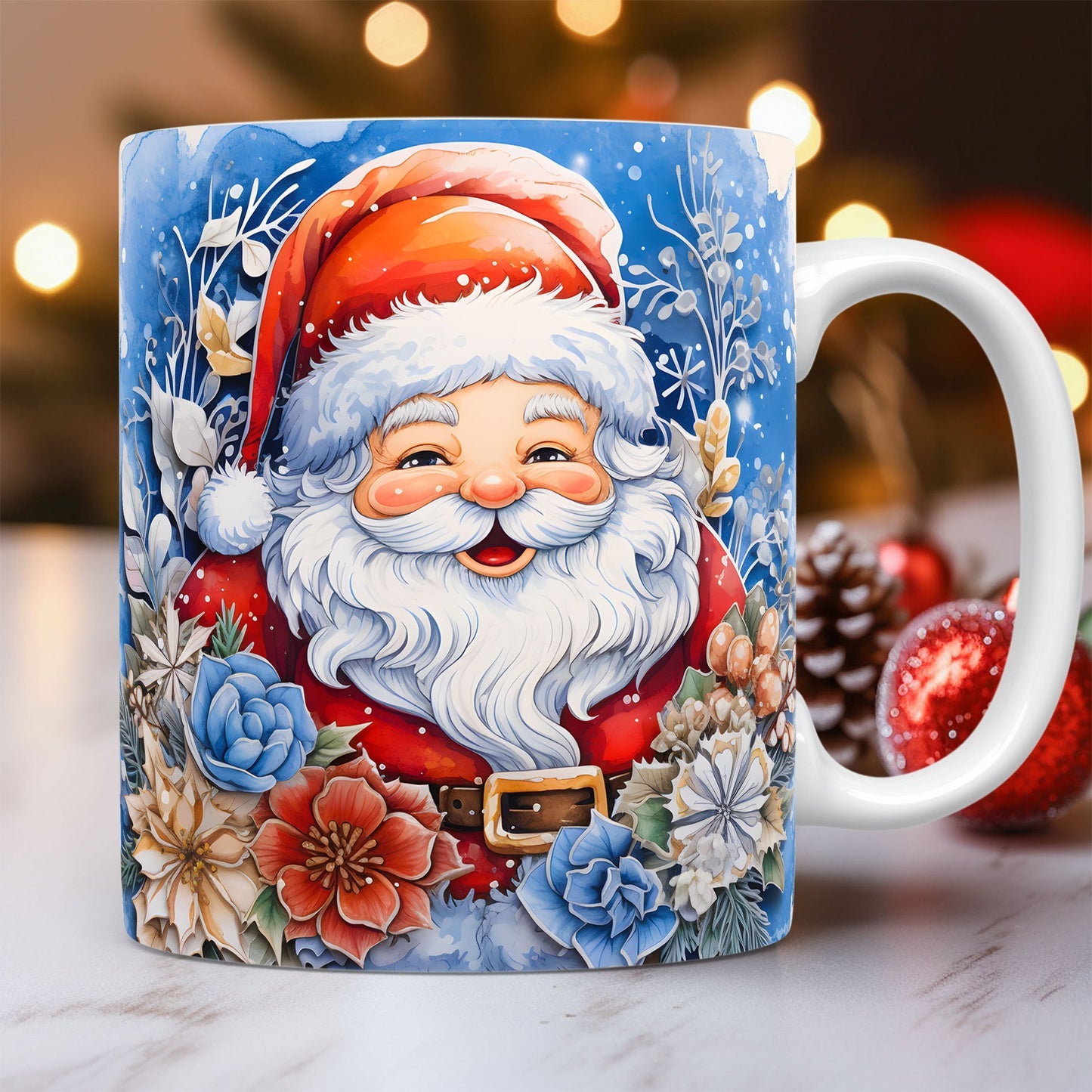 Creative | 3D Christmas Ceramic Mug | Santa Claus 3D Painted | Comfortable Grip Handle | White | Ideal Christmas Gift -
