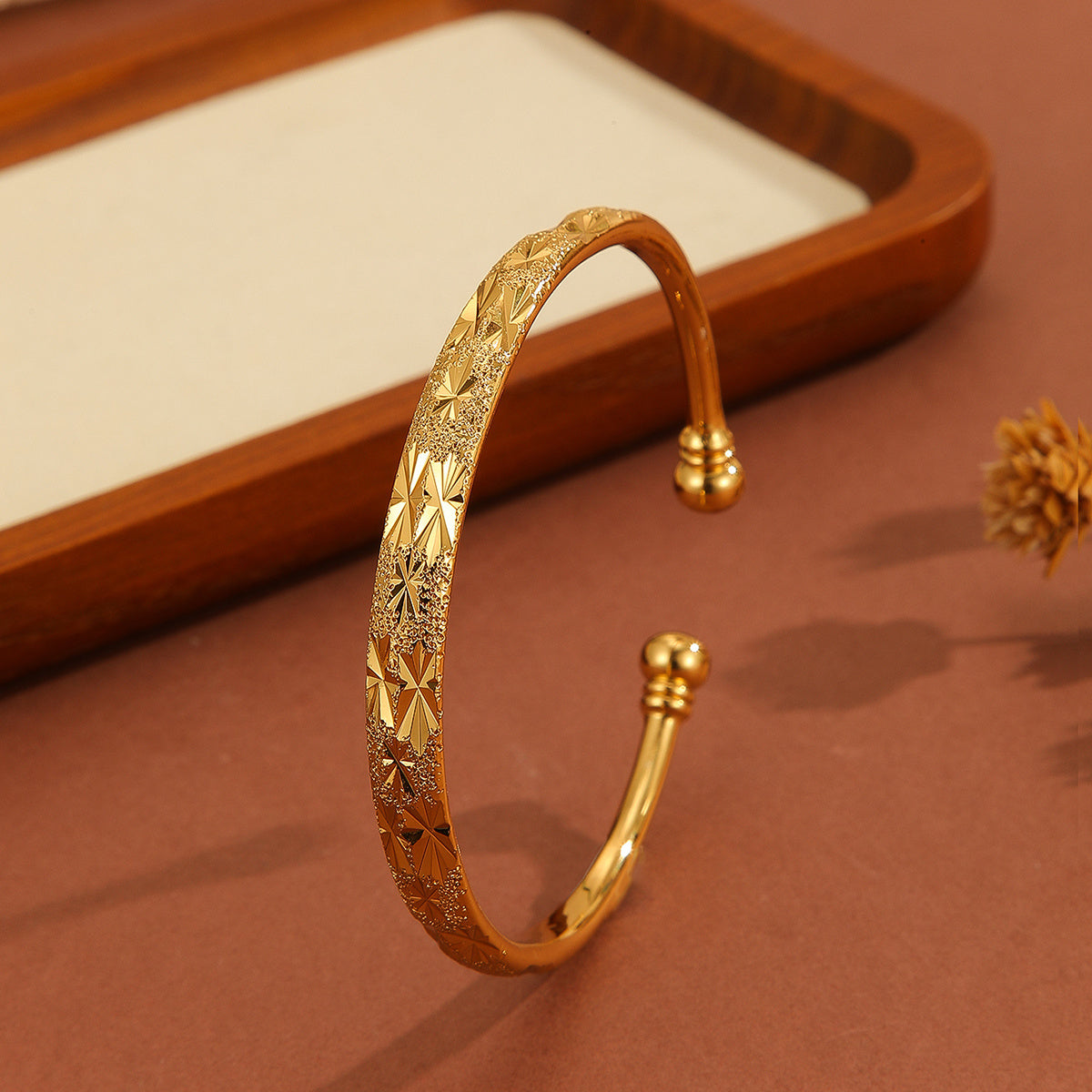 Aurora | Vintage Gold Plated 18k Bracelet | Open End | Carved Pattern | Sand Gold | Daily Wear -