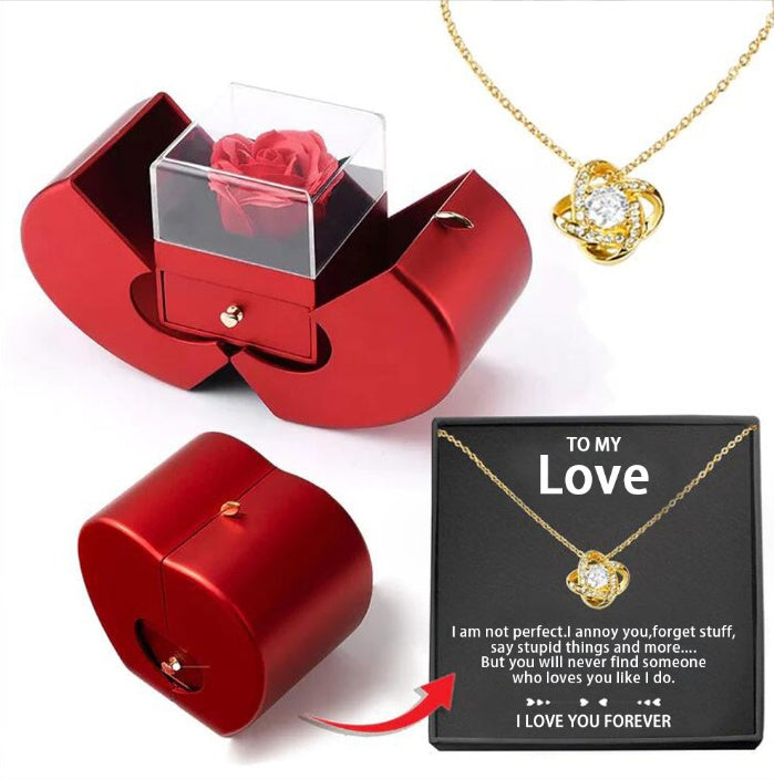 Eternal Rose Apple Gift Box Necklace | Heart Pendant Clavicle Chain for Women | Preserved Soap Flower Jewelry Box | Romantic Christmas, Valentine’s & Mother’s Day Gift | Gold/Silver Plated Copper Necklace Set - Health & Beauty > Jewelry Cleaning & Care > Jewelry Holders > Jewelry Boxes