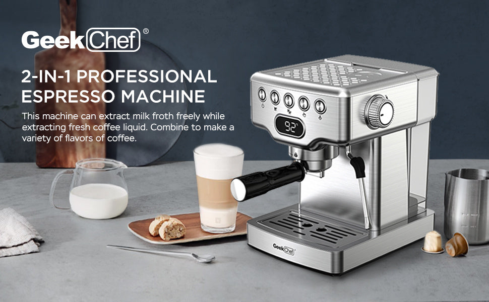 Geek Chef | Espresso Machine | 20 Bar | Milk Frother | Stainless | Cafe Quality Espresso -