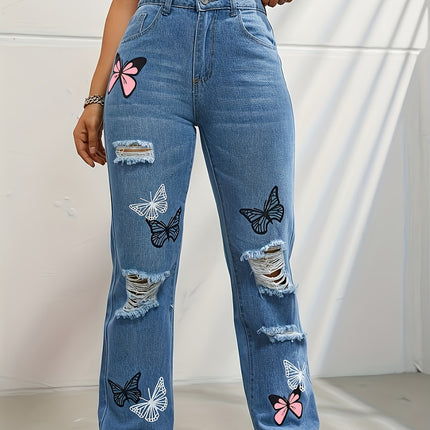 High Waisted Straight Leg Jeans For Women Trendy Butterfly Print Ripped Distressed Denim Pants