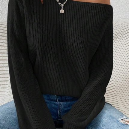 Solid Ribbed Knit Asymmetrical Shoulder Sweater,Long Sleeve Tops