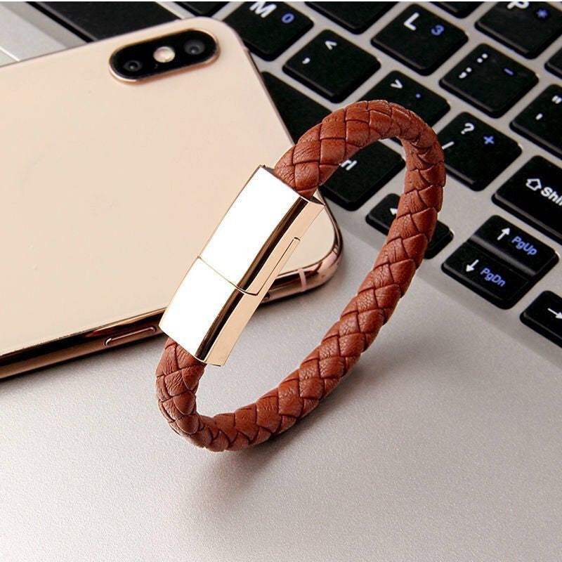 BraceletCharge | Bracelet Charger Cable | Braided Leather | Emergency USB Cable | Black | On-The-Go iPhone Charging -
