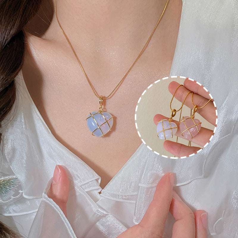 Fashion Moonstone Necklace | Cartoon Princess Heart Pendant for Girls & Women | Real Gold Electroplated Copper Chain | Japanese & Korean Style | Barbie Opal & Pink Spar Options | 39cm + 7cm Extension - Apparel & Accessories > Jewelry > Necklaces