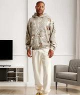 GenZ Cozywear | Hooded Floral Sweatshirt | Floral Print | Front Pockets | Khaki And Grey | Cozy Everyday Layering - Apparel & Accessories > Clothing > Clothing Tops > Hoodies