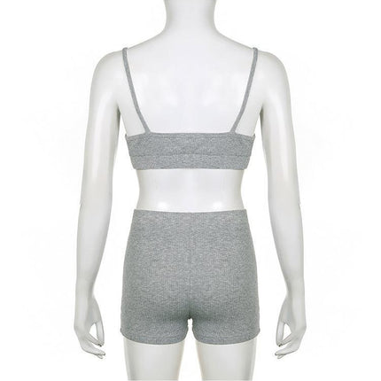 Knitted Zipper Sweater V-neck Triangle Cup Bra Shorts Casual Three-piece Suit