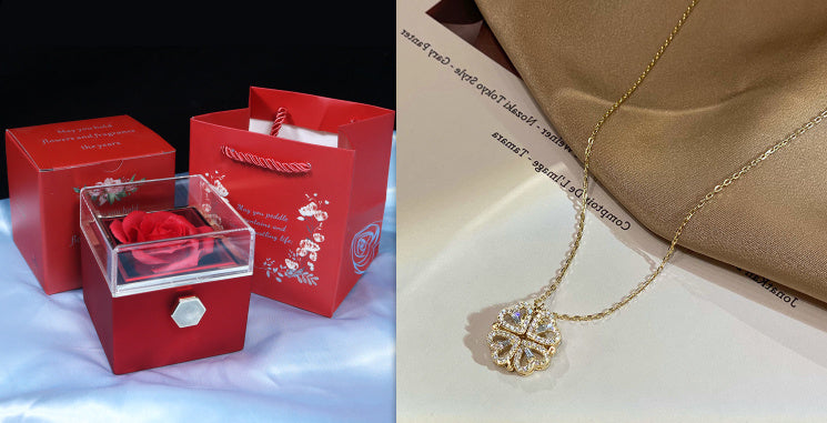 Retro Magnetic Folding Heart Necklace | 4-in-1 Four-Leaf Clover Pendant | Women’s Korean Style Love Clavicle Chain | Openable Copper Electroplated Choker | 40+5cm Adjustable Gift Jewelry - Apparel & Accessories > Jewelry > Necklaces