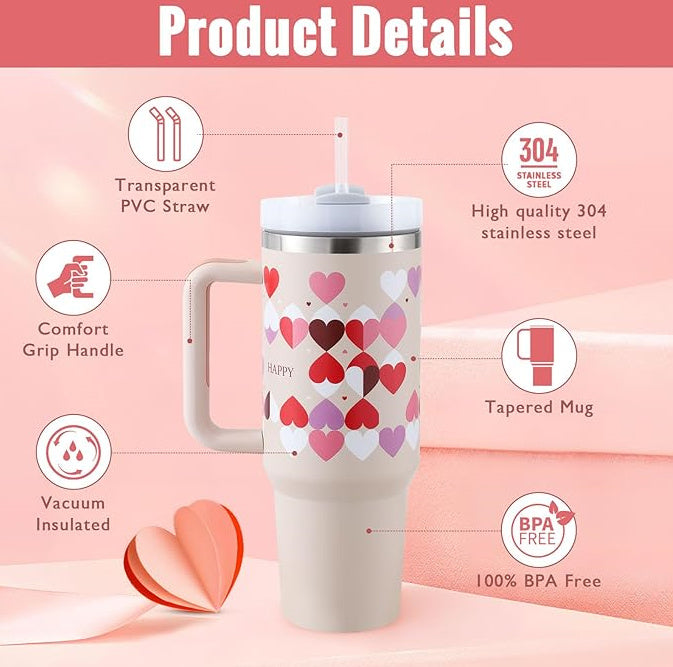 40oz Insulated Tumbler with Handle & Straw | Stainless Steel Vacuum Cup | Spill-Proof Travel Mug with Lid | Hot & Cold Coffee Tumbler for Car, Gym & Office | Valentine & Christmas Gift Edition - Home & Garden > Kitchen & Dining > Tableware > Drinkware > Tumblers