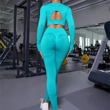 2pcs Sports Suits Long Sleeve Hollow Design Tops And Butt Lifting High Waist Seamless Fitness Leggings Sports Gym Sportswear Outfits Clothing