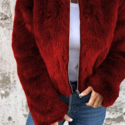 Fashion Stand Collar Plush Jacket Winter Casual Turtleneck Zipper Coat Fleece Tops Women's Clothing