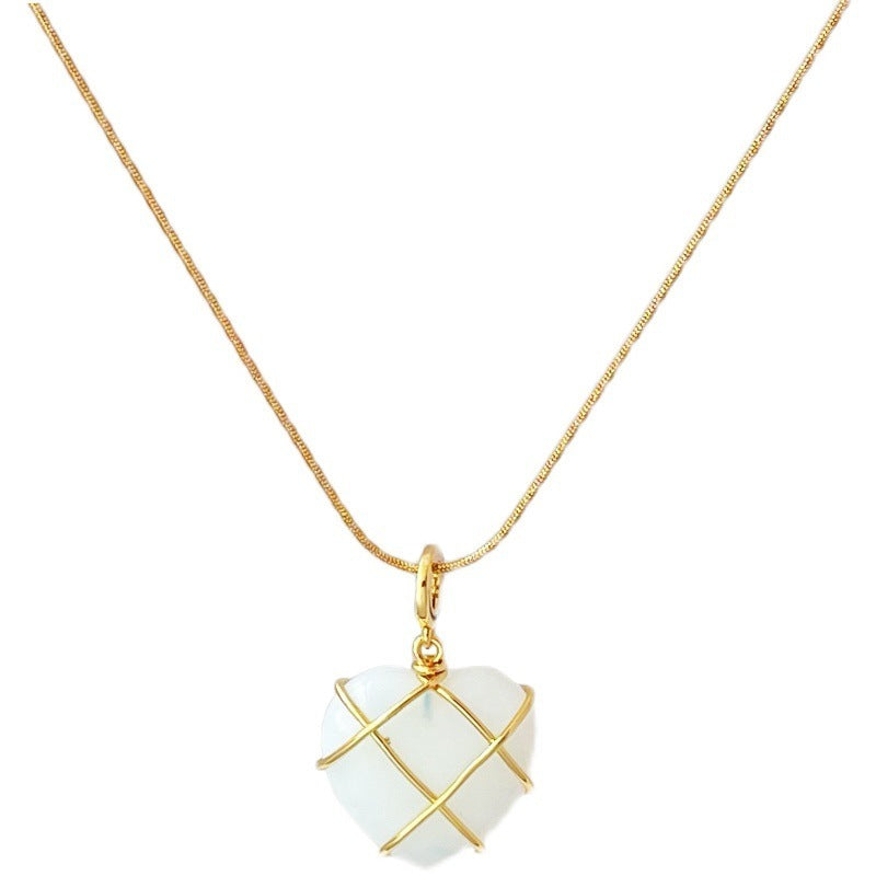 Fashion Moonstone Necklace | Cartoon Princess Heart Pendant for Girls & Women | Real Gold Electroplated Copper Chain | Japanese & Korean Style | Barbie Opal & Pink Spar Options | 39cm + 7cm Extension - Apparel & Accessories > Jewelry > Necklaces